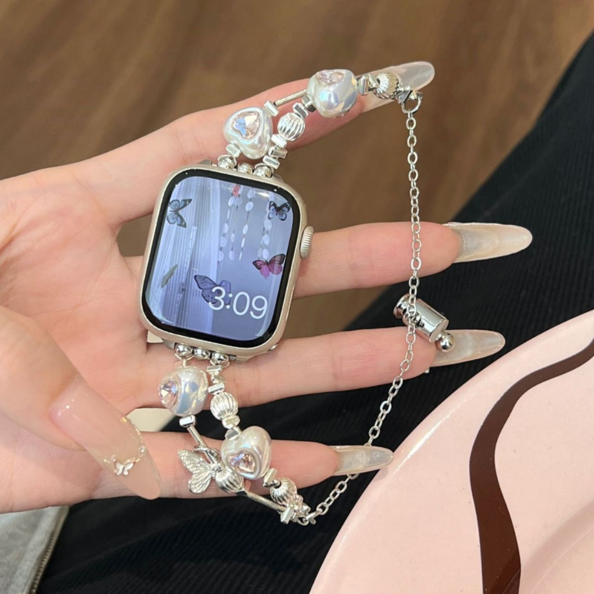 Heart Diamond Butterfly Metal Zipper Watch Band